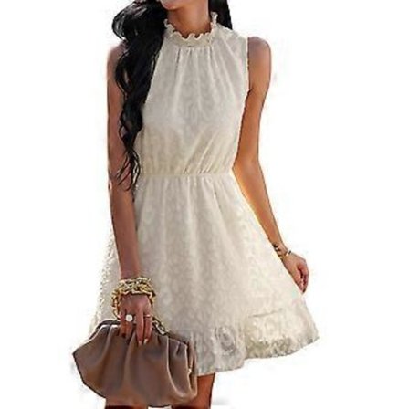 Aprikos S Dam Chiffong Kort Klänning Casual Volang Sommarklänning Spets Ståkrage Ärmlös Klänning för Sommar