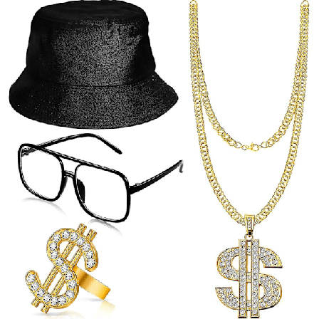 Hip Hop Kostume Sæt, Med Spandhat, Solbriller, Guldkæde & Ring, 80'er/90'er Rapper Tilbehør