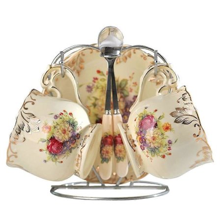 Tekopp og skålsett, 200 ml elfenbensporselen tekoppsett med 2 kopper med holder, vintage blomstermønster