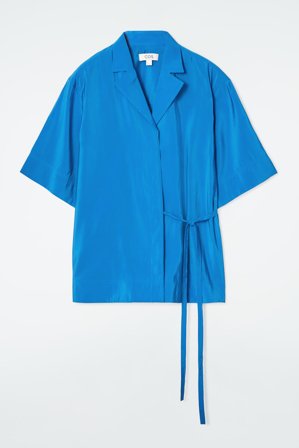 COS Women's Relaxed Tie Detail Short Sleeve Shirt in Blue