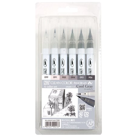 ZIG Kuretake Clean Color Real Brush 6-set Cool Gray