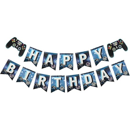 Videospil Glad Fødselsdag Banner (blå) Spiltemafest Glad Fødselsdag Drenge Børn Spiller Spiltemafest Dekoration