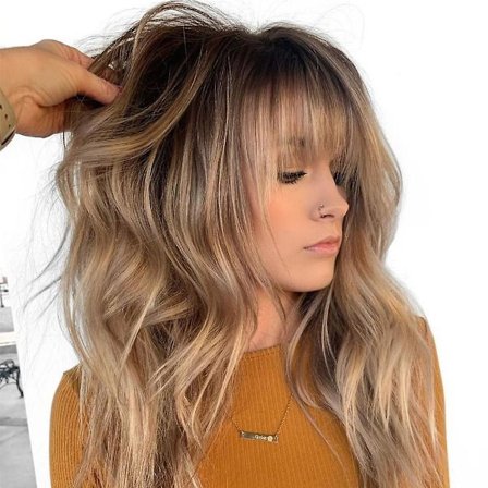 Kvinder Gradient Lang Brun Grå Bølge Krøllet Paryk Med Luft Pandehår