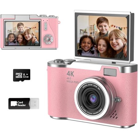 48 MP, 1080P Digitalkamera for barn med 32 GB SD-kort for gutter og jenter i alderen 3 til 12 år, rosa