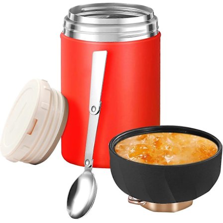 Matboks, 600ml (20 oz) Matboksbeholder, Dobbeltvegget Suppe-termos i Rustfritt Stål, med Sammenleggbar Skje for Varme og Kalde Måltider (Rød)