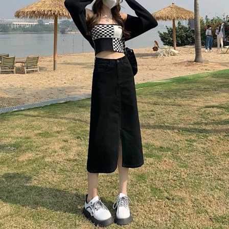 Split jeanskjol A-line kjol SVART M