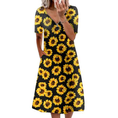 Blommig Printed Kvinnor Klänning V-ringad Dragkedja Kort Ärm Vestidos