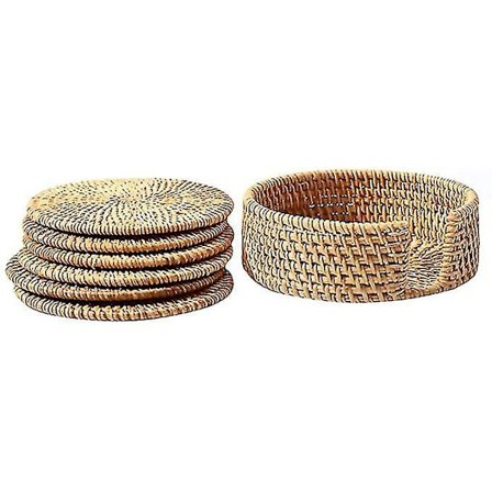 Rattan Bordmatter Flett Placemats Coastersett 6 Runde Brun