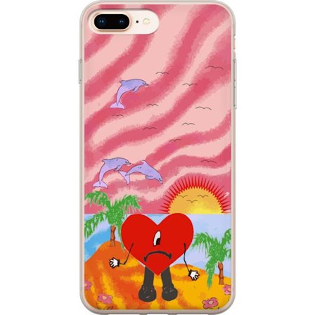 Kompatibel Mobilcover til Apple iPhone 8 Plus Bad Bunny i en farverig quiltet jakke med hjertemønster og solbriller i moderne gade stil