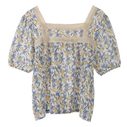 Blus för kvinnor med puffärmar, spetsdetaljer, blommigt tryck, söt, elegant, lös passform, sommar, casual, T-shirt, blommig S
