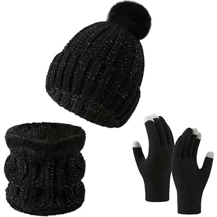 Hansker, lue og skjerf - tredelt sett - vinterstrikk - foret med fleece og fortykket - varm og kuldebestandig - svart