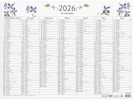 BURDE Väggblad 14-månader 2026 - Lyreco - Almanackor och kalendrar - Väggkalendrar - Väggblad