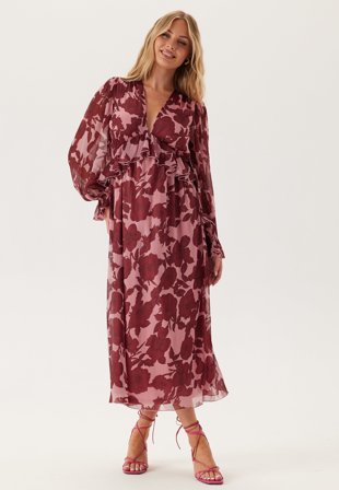 Bubbleroom Occasion - Frill L/S Chiffon Midi Dress - S