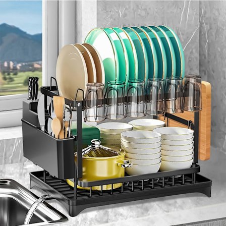 2-lags opvaskestativer til køkkenbord, opvaskestativ med afløbsbakke, holdbart opvaskestativ i rustfrit stål med redskabsholder