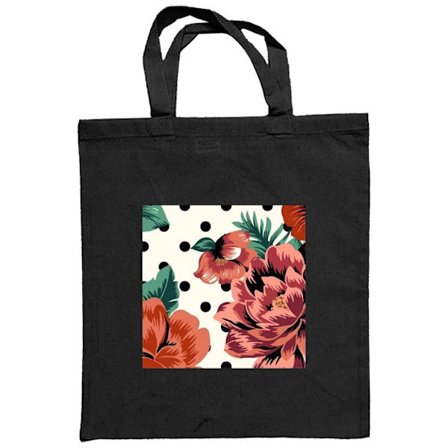 Stoffpose Retroinspirert blomstermønster med store røde og rosa blomster, svarte prikker og lys bakgrunn i grafisk vintage- og tekstilstil.