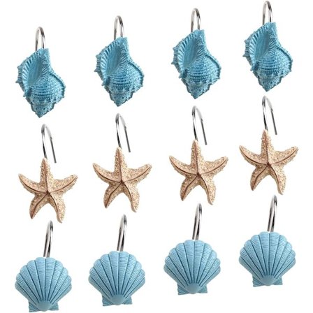 Duschdraperikrokar i form av snäckskal, 12 st duschdraperiringar, rostfria