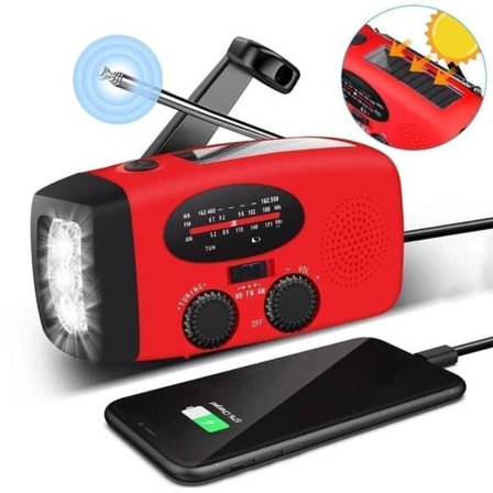 Håndsvingradio med solceller, LED-lommelygte og 2000mAh Powerbank SOS SUNMATIC - Vejrradio til hjemme- og campingsituationer med AM/FM-radio