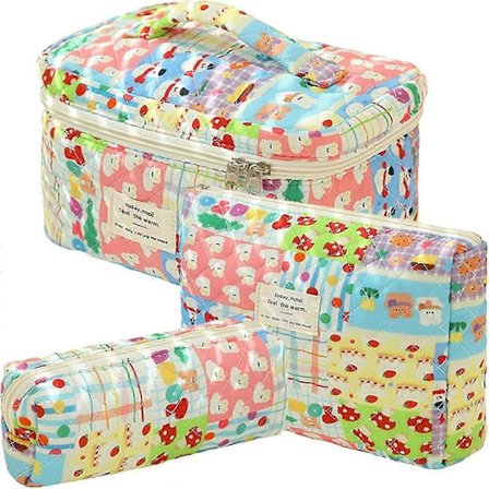 3 stk. Makeup Taske Bomuld Vatteret Rejse Kosmetiktaske Sød Blomstret Makeup Pung Stor Toilet Taske til Kvinder Piger (Sløjfe-Pink)