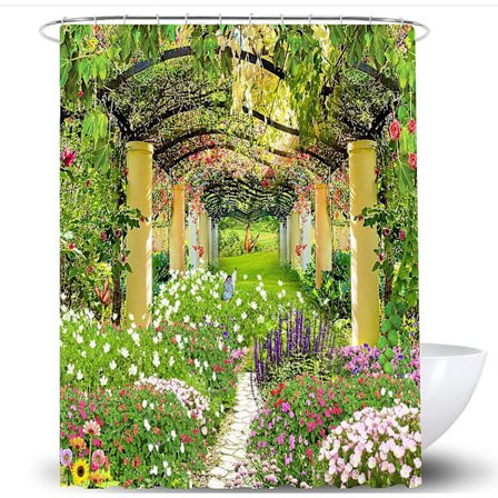 Blomster Sommerfugl Bruseforhæng med Kroge 180X180cm Vandtæt Badeværelse Badekar Anti-skimmel Polyesterstof Badeværelse Bruseforhæng Have Grøn La