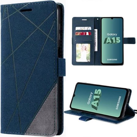 Etui til Samsung Galaxy A15 4G-5G, støtsikker med kortlomme og justerbart stativ, retro skinneffekt marineblå