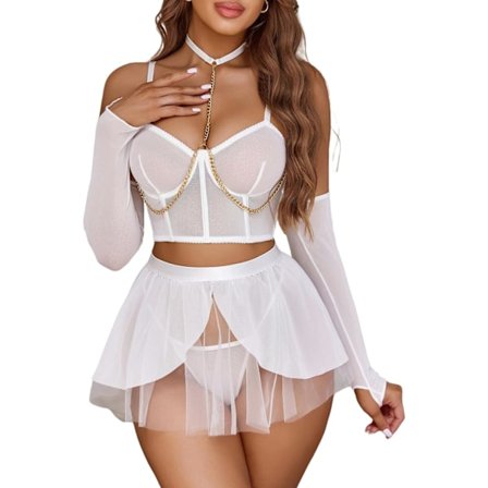 2025 Senaste Modell Sexiga Underklädesset Kedjelänkat Underklädesset med Bygel Bond Korsettkjol Underkläder & Armärmar & Stringtrosa Vit Lar