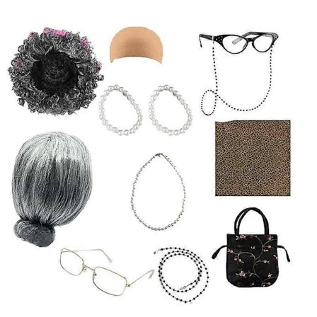 Gammel Dame Kostume Bedstemor Sæt Bedste Cosplay Briller Grå Tilbehør Bedstemor Udklædning Brillekæde Holder Halskæde Perle