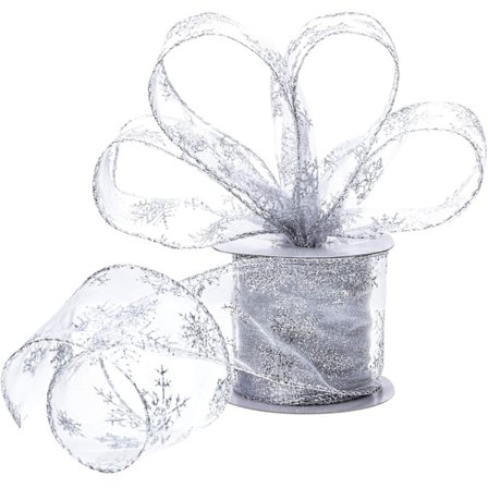 Sølvfarget julebånd med glitter og snøfnugg - 10 m x 63 mm - Organzabånd til jul