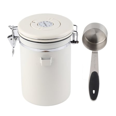Kaffebeholder 304 Rustfrit Stål Lufttæt Kaffe Bønne Opbevaringsbeholder med Ske Cremet Hvid 1.8L