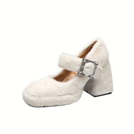 Hvide, pelsforede, tyksålede Mary Jane højhælede sko med rhinsten og chunky hæl til kvinder til vinter