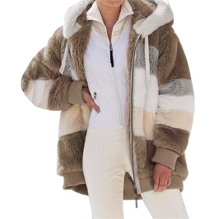 Höst Vinter Lös Plysch Flerfärgad Hood Coat Kvinnor