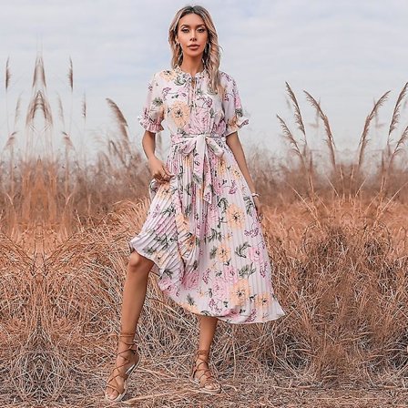 Kesäinen painettu röyhelö lyhythihainen kaksoisnyöritys laskostettu A-linjainen monikäyttöinen pitkä naisten mekko