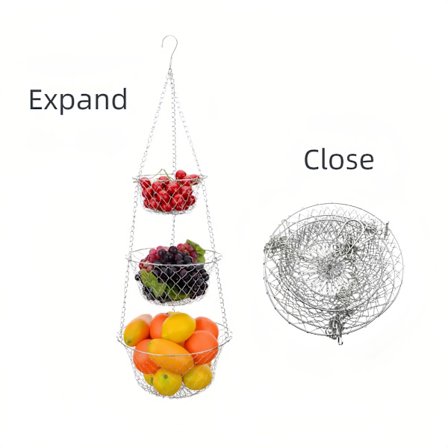 Fruktkurv i tre lag, kjøkkenoppbevaringskurv for grønnsaker, hengekjetting, plassbesparende, plantekurv, fruktkurv (sølv)