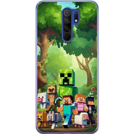 Yhteensopiva Puhelinkuori Xiaomi Redmi 9 Jämäkkä pikselöity pelimaailma, jossa vihreät hahmot ja eläimet rehevässä metsäympäristössä