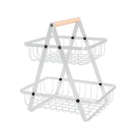2-trinns fruktkurv i karbonstål, avtakbar, bærbar grønnsaksoppbevaringsstativ for brød, snacks, hjemme- og utendørsbruk, hvit