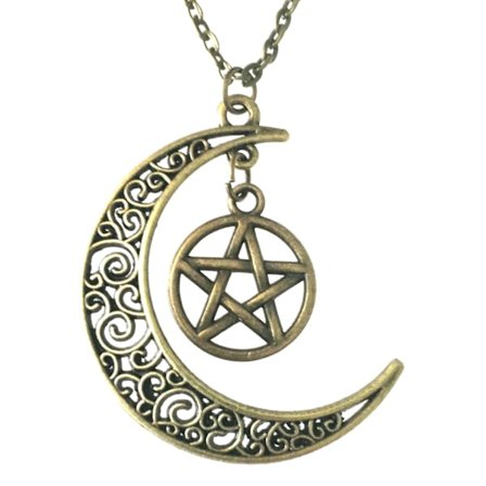 Necklace - Crescent Moon - Pentagram - Bronze