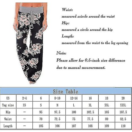 Kvinnors blommiga mönstrade vida ben långa byxor, pyjamasbyxor, casual byxor, strandbyxor (svart, XL)