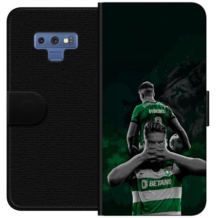 Kompatibelt Lommeboketui til Samsung Galaxy Note9 Neonmotiv med teksten "Gaming is in my DNA" på en blå og rød murvegg med en lysende DNA-spiral.