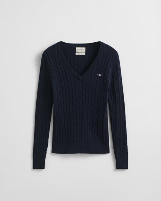 GANT - Kabelstrikket bomullsgenser med stretch og v-hals til dame evening blue