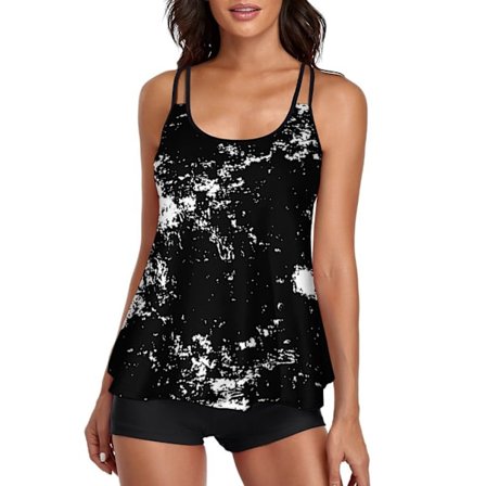 Flowy Tankini badedragt til kvinder - badedragt med mavekontrol - todelt badedragt med tanktop og shorts - sort - XL
