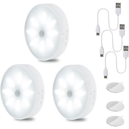 Led nattlampa rörelsesensor [3-pack], USB-laddningsbar nattlampa, nattlampa för barnrum, garderob, hall, trappa, kök (vit)