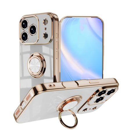 Magnetisk Ring Stand Case med 360° Roterbar Holder til iPhone 17Promax, Slankt Beskyttelsescover med Rosaguld Belagt Kant, Hvid[DS]