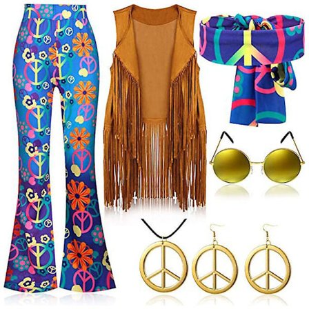 70-tals Hippie Party Retro Kostym Tofs Väst+Byxor+Sjal Kostym Hippie