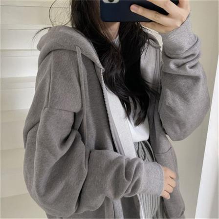 Kvinnor Harajuku Solid Color Zipper Hoodies Casual Long Sleeve Sw