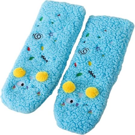 wxsp - 1 Par - Tykke Sokker Hjemme - Dame Fløyelsstrømper - Blå - Tegneserie Broderi Sau Modell - Anti-Skli Søvn