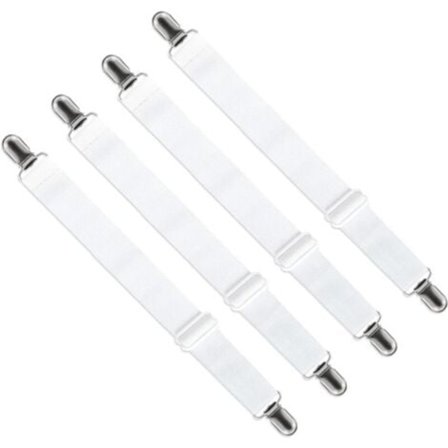 Adjustable Bed Sheet Fasteners (65cm to 200cm) - Clip Fastener Adjustable Strap for Bed Sheets, Sofa, Ironing Board Cover (4-Pack, White)