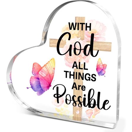 Kristilliset uskonnolliset henkiset lahjat työkavereille, Raamatun jae lainaus Jumalan kanssa Kaikki on mahdollista Akryyli Sydän Laatta 