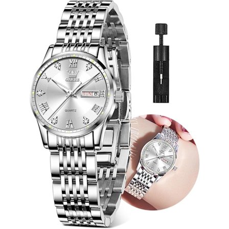 Dam Diamant Kvarts Klocka Kalender Månfas Vattentät Klocka (Silver)