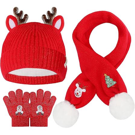 Talvihattu, huivi ja lapaset -setti lapsille, tyt ille ja pojille, poro ja poronsarvet neulottu hattu taaperoille