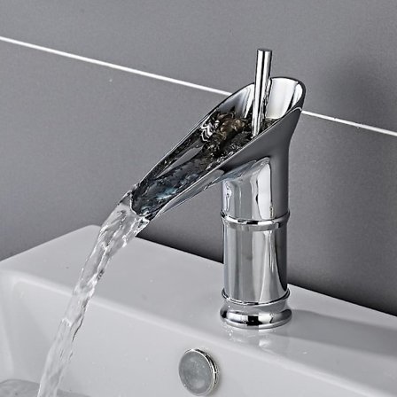 Handfatskran, Badrum Vattenfall Blandare, Justerbar Varm och Kallt Handfatsblandare, Krompläterad Mässing (E)