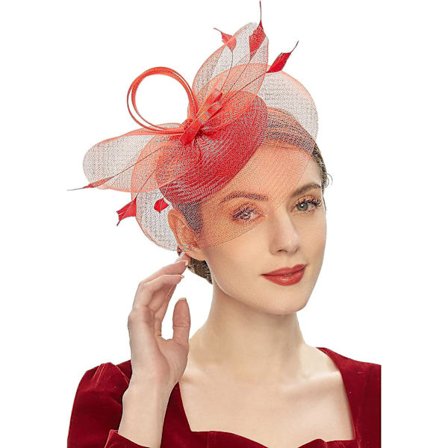 Fascinator Hat Med Blomster Fjer Hovedbånd Til Kvinder Mesh Fjer Hårklemme(Rød)